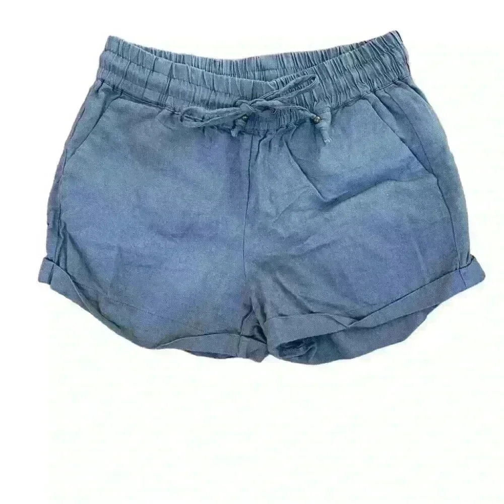 Women's Linen Blend Cuffed Blue Shorts Drawstring 2.5" inseam Size M‎ Medium
